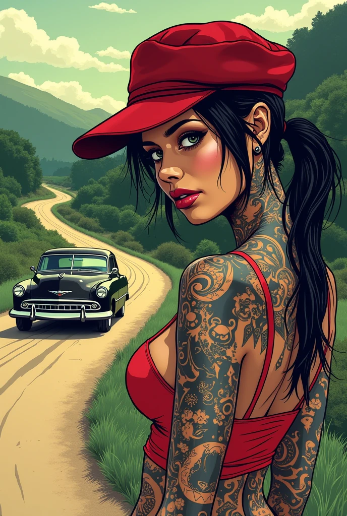 Illustrate a woman with many tattoos and a red hat, She is picked up by a car on the road