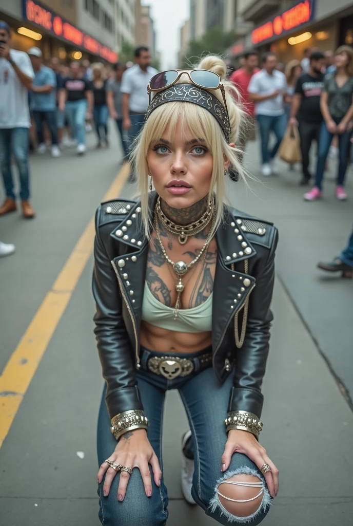 russian old milf woman, blonde platinum hair (beehive bun) and oversized square sunglasses as headband), with very light green eyes, extremely pale. Wearing studded, padded shoulders, cropped black moto jacket (zippers on the sides, skull patches on the sleeves), green shiny satin push up bra, dark skinny low rise blue jeans with patched holes on knees .White tennis sneakkers. Lots of thick wide studded bracelets, chain collars and big rings. Tacky wide studded leather belt with big eagle oval buckle. Long earrings with chains. Kneeling, craving for the ice cream of the photographer. Tip of the tongue out. Hands on knees. Looking at the camera, Toned abdominals, thin neck, slim legs and thin arms. Narrow hips. Heavily tattooed. Crowded street of Saudi Arabia