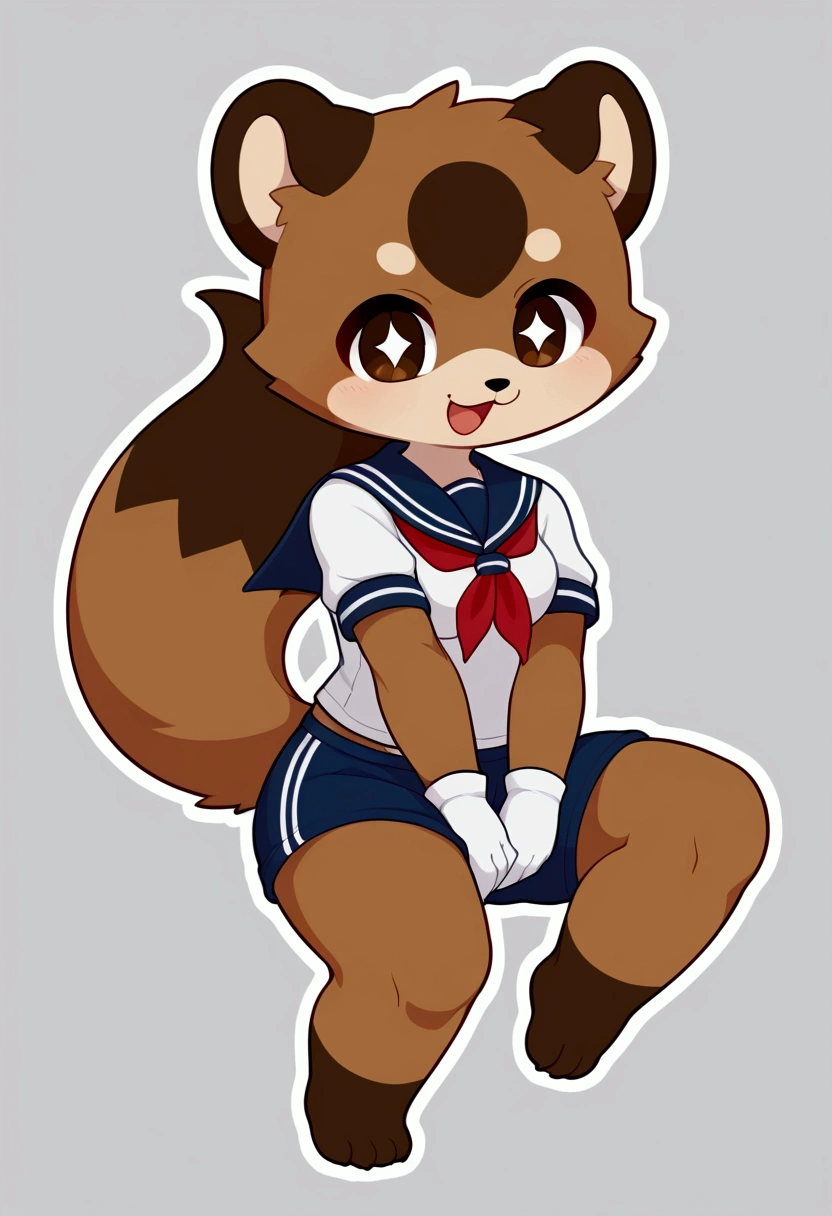 girl, tanuki, furry, bodyfur, tail, sailor suit, short sleeves, jersey pants, long pants, white gloves, barefoot, chibi, sparkling eyes, happy, full body, hand between legs, Japan