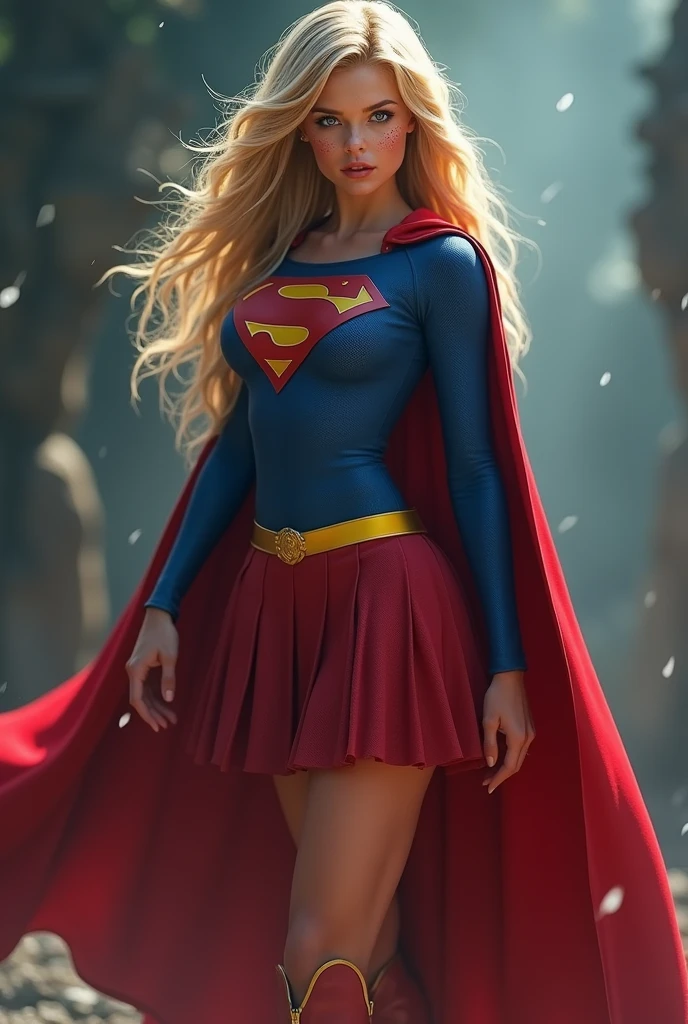 A SEXY AND BUSTY FEMALE WITH FRECKLES, BLONDE SILKY SMOOTH HAIR, AND DAZLING BLUE EYES WEARING A SCHOOL UNIFORM REVEALING A SPANDEX 1984 BLUE SUPERGIRL COSTUME COMEPLETE WITH A LONG READ PLEATED SKIRT WITH A YELLOW SUPERGIRL BELT, A PAIR OF RED HEELED BOOTS WITH YELLOW TRIM, AND A LONG FLOWING RED CAPE WITH THE GOLD "S" EMBLEM UNDER HER UNIFORM. RED LIPSTICK, RED FINGERNAILS. INCREDIBLY DETAILED GLOWING SKIN, INCREDIBLEY DETAILED FACE, INCREDIDBLEY DETAILED CLOTHING, TEXTURED SKIN PORES, TEXTURED HAIR, 8K ABSURD RESOLUTION, MASTERPIECE. PHOTO REALSITIC, HYPER REALISTIC. MYSTICAL BACKGROUND. 16K RESOLUTION. PREFESSIONAL GRADE IMAGE.