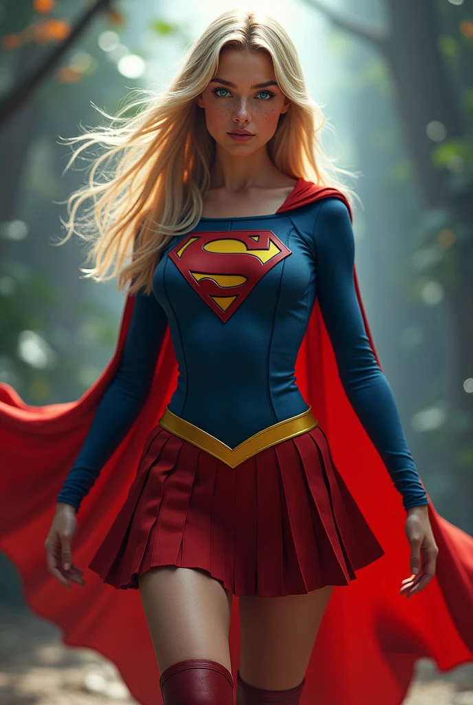 A SEXY AND BUSTY FEMALE WITH FRECKLES, BLONDE SILKY SMOOTH HAIR, AND DAZLING BLUE EYES WEARING A SCHOOL UNIFORM REVEALING A SPANDEX 1984 BLUE SUPERGIRL COSTUME COMEPLETE WITH A LONG READ PLEATED SKIRT WITH A YELLOW SUPERGIRL BELT, A PAIR OF RED HEELED BOOTS WITH YELLOW TRIM, AND A LONG FLOWING RED CAPE WITH THE GOLD "S" EMBLEM UNDER HER UNIFORM. RED LIPSTICK, RED FINGERNAILS. INCREDIBLY DETAILED GLOWING SKIN, INCREDIBLEY DETAILED FACE, INCREDIDBLEY DETAILED CLOTHING, TEXTURED SKIN PORES, TEXTURED HAIR, 8K ABSURD RESOLUTION, MASTERPIECE. PHOTO REALSITIC, HYPER REALISTIC. MYSTICAL BACKGROUND. 16K RESOLUTION. PREFESSIONAL GRADE IMAGE.