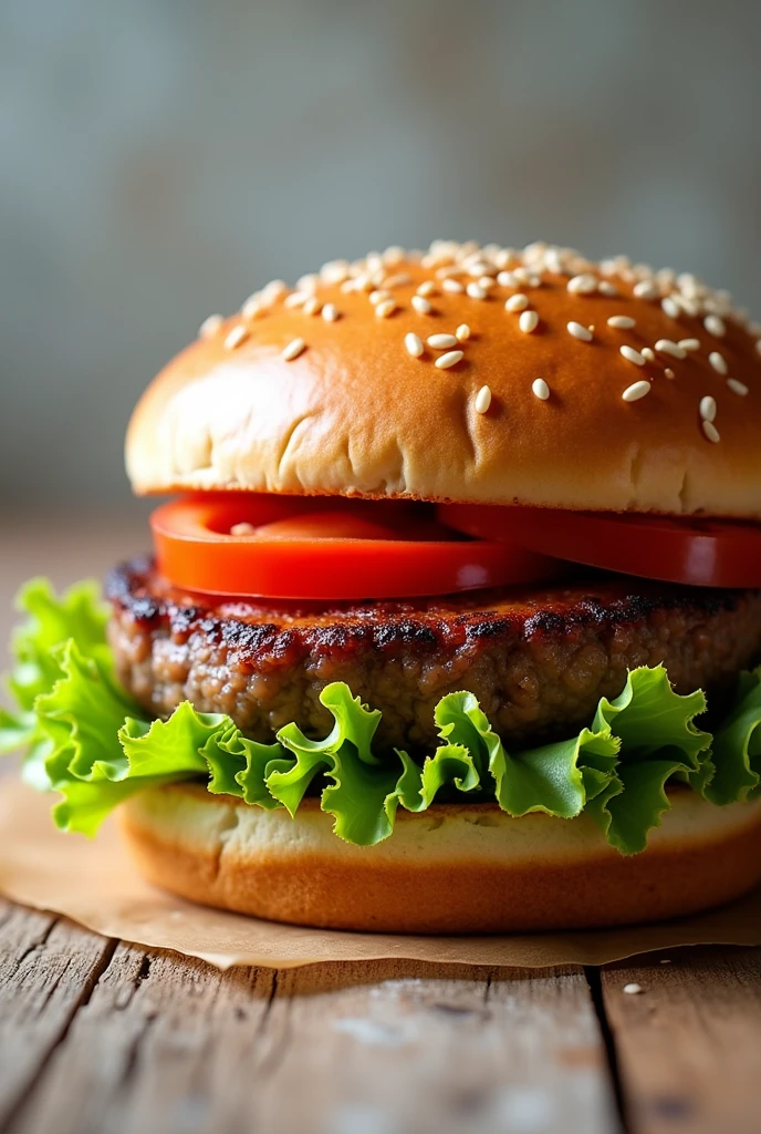 Sandwich with lettuce, tomato and beef tenderloin, hamburger bun without pickles 
