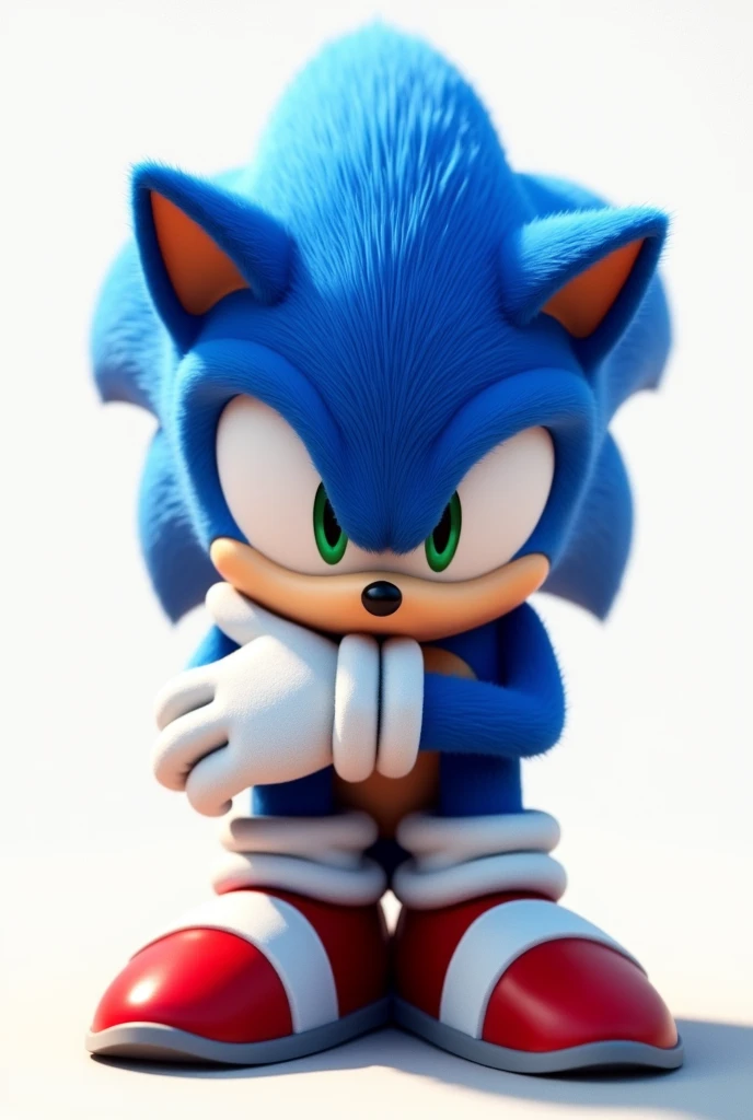 Sonic hugging own legs looking at the viewer with his shoes and gloves on front view
