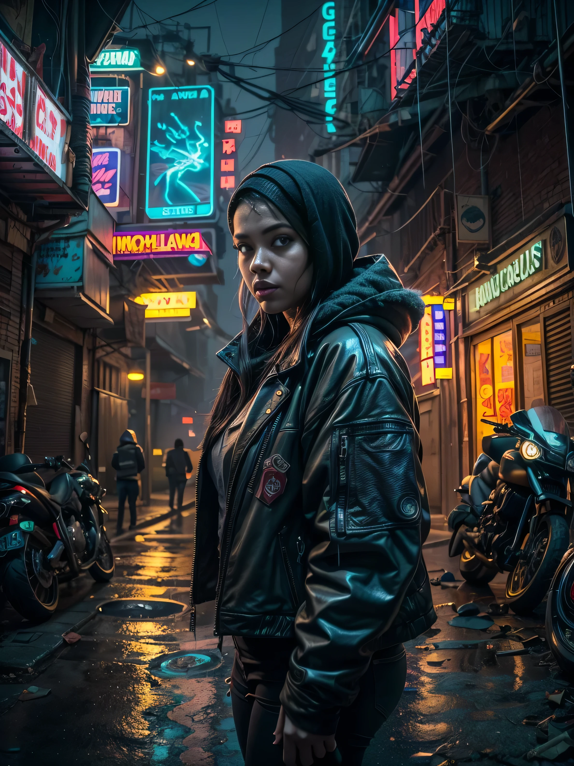 "Create a high-definition, ultra-detailed 3D rendering of a dystopian cyberpunk back alley set in the year 2527. The scene takes place at night during a mysterious, rainy atmosphere. In the foreground, prominently feature a motorcycle girl.(Looking away),(girl is far away), She should be positioned within a detailed, shadowy alley illuminated by vibrant neon signs. The neon lights should reflect off the wet pavement and cast dynamic shadows. The environment should emphasize a futuristic, gritty feel, with a strong sense of depth of field and a big-picture perspective. The scene should capture both the intricate details of the character and the dystopian surroundings." Girl is looking away, wearing scarf over her face