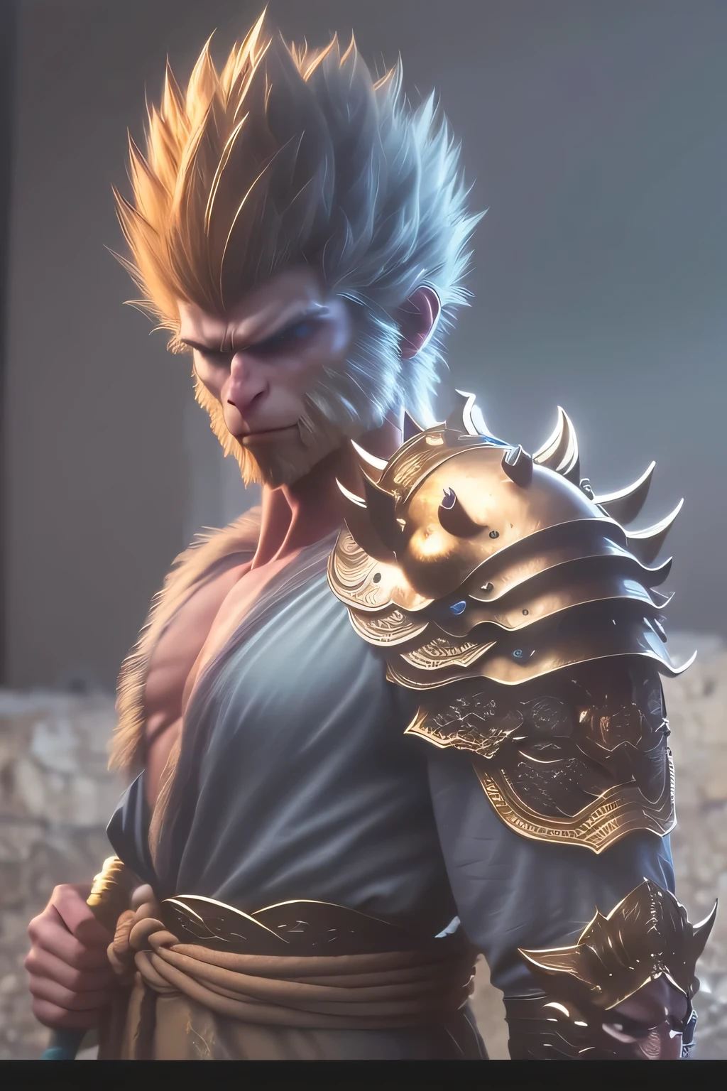 (work of art, best details), mythical creature, sun wukong, golden hair, wear a golden diadem, wear traditional costume armor, holding a staff resting on his shoulder