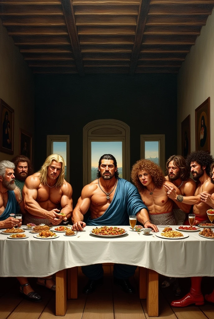 Davinci&#39;s Last Supper with famous wrestlers from the 80s.