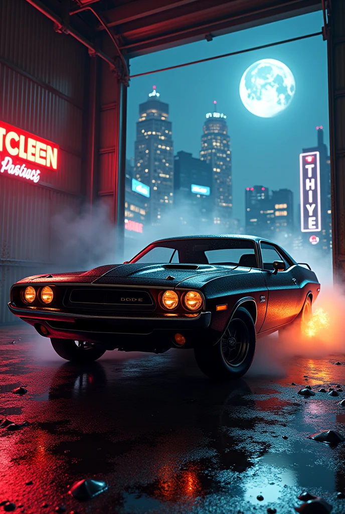 can u make a black dodge chalenger 1970 in cyberpunk city with neon city in a garage with view at the moon flames on the street with wet street and wheels smoking