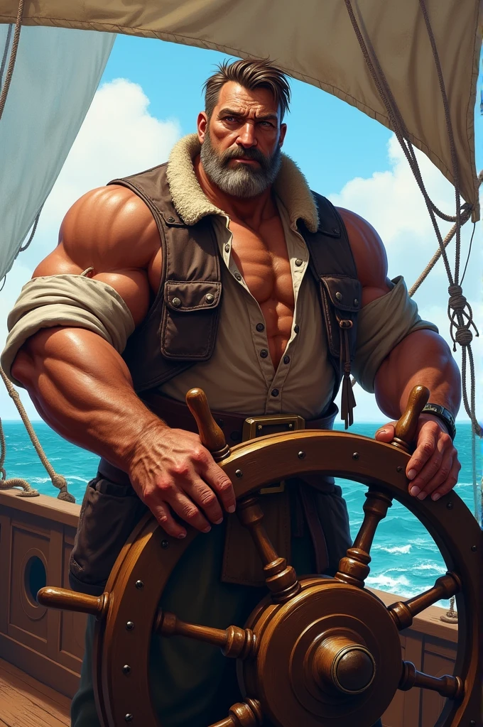 A solo, muscular boy with huge pectorals wearing glasses stands in a harbor, shirtless. He is an old man with short white hair and a thick beard. The scene is full of pirates, creating an adventurous atmosphere. The artwork is a masterpiece, with high detail and resolution of 8k. The muscular boy's pectorals are particularly emphasized, showcasing his strength. The harbor is bustling with activity, with ships, crates, and seagulls in the background. The lighting is dramatic, highlighting the boy's strong physique. Overall, the image exudes a sense of power, adventure, and mastery.