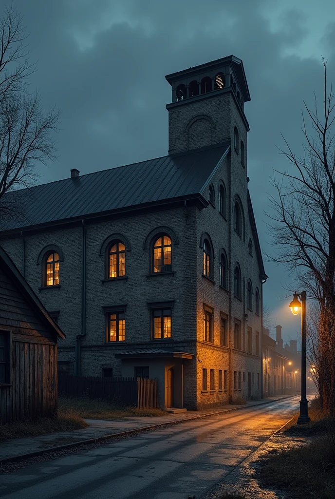 A large 2-story warehouse made of masonry and metal roof, made to store grains, looking abandoned, on a quiet street at night.