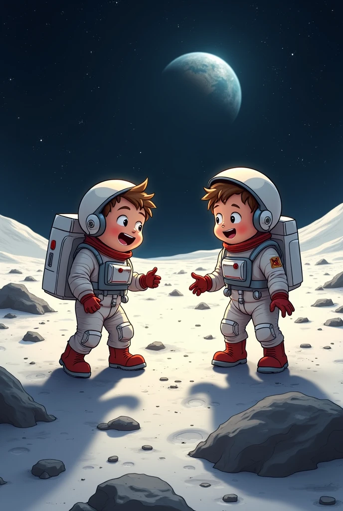 A 2 boy showing his friend that they are in the moon. 