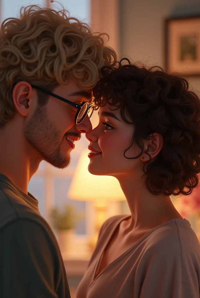  white girl with very curly short brown hair kissing a cute nerd with almost blond hair wearing glasses 