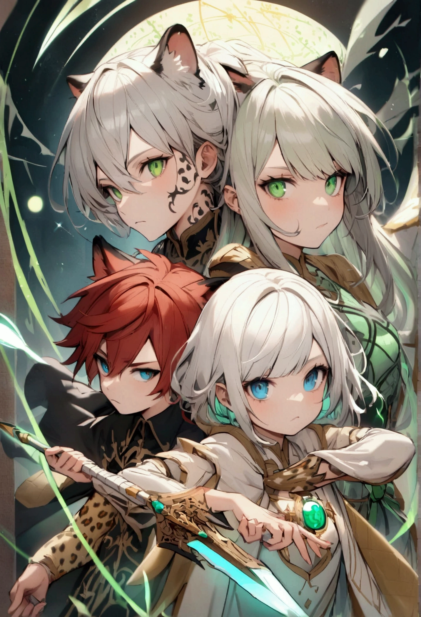 White-haired, blue-eyed leopard hybrid boy with sword . Green-eyed panther hybrid girl with bow and arrow. Red-haired, green-eyed human girl with magic calculation
