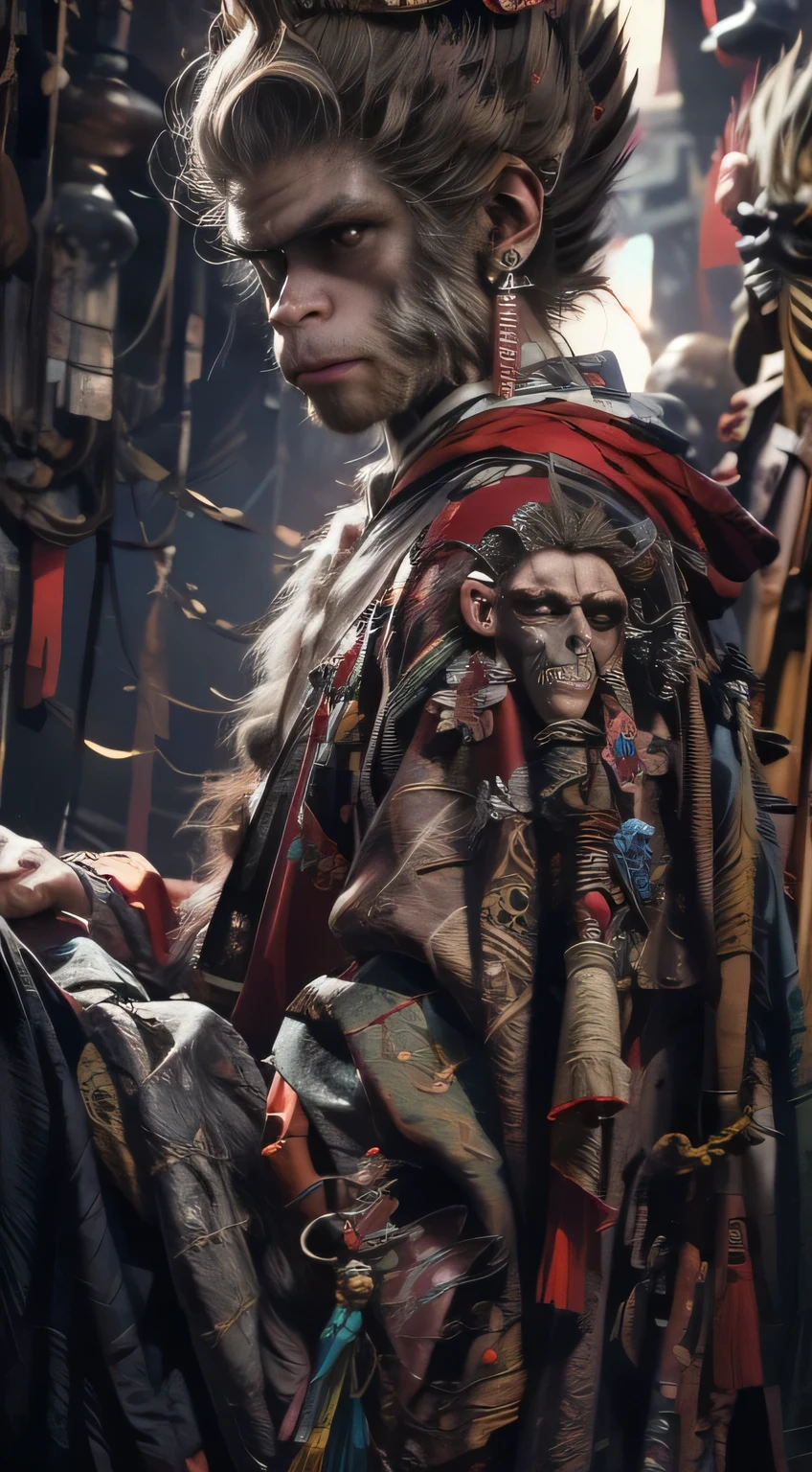 (irascible, going,Qi Tian Great Sage,monkey king,A high resolution, superfino), (Sharp-beaked monkey gills), Dark West Tour,Pan(((eerie glowing red eyes)))looks at the camera, evil gaze, clear facial features, (Curse of the Golden Ring),He held a long golden metal staff。。。, Monkey teeth exposed, dressed in beautiful golden armor, The tattered red cloak fluttered in the wind,Rosto do monkey king, Sit on a mountain full of yokai skulls, Royal temperament, photo by full body, cinematic rim light, The light is delicate, Masterpiece artwork, ultra detali, epic composition, super HD, high qualiy, Majority, 32 mil, ssmile, poisonous fangs