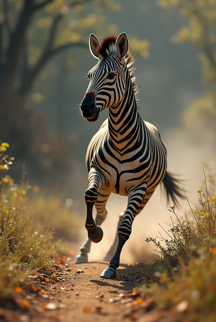 I want the image of a zebra tripping and falling to the ground, with a wild background, and be as realistic as possible