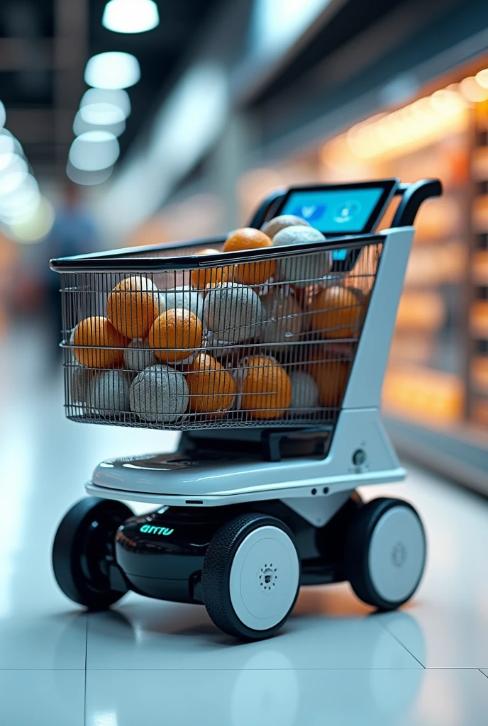 Double-decker shopping cart that follows you, with a small touch screen, with claws that selects the products you put on the screen and bags the products 