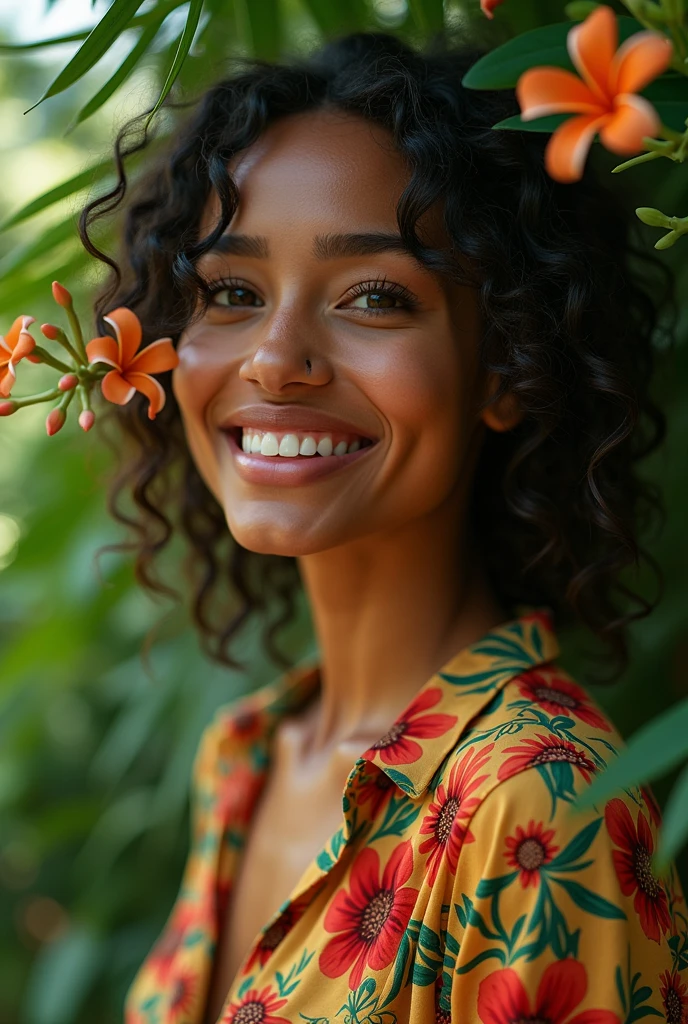 A Brazilian woman in a lush tropical garden, wearing an open shirt with a floral print, with a close-up capturing the harmonious beauty between her breasts and the natural flowers, showing off your natural charm and outgoing personality.