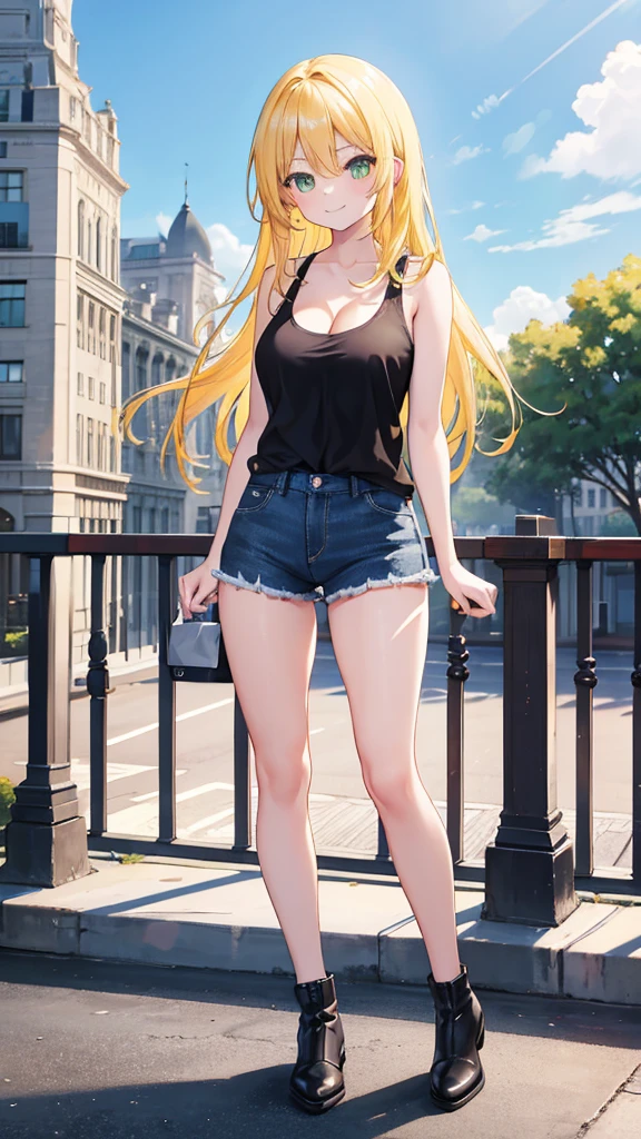 1girl, yellow hair, green eyes, smiling, black tank top, blue jeans, medium breast, looking at vewers, flipped hair, masterpiece, 8k, 16, 32k, shiny skin, UHD frekles on her skin, bootcut, cleavage, HDR, 4K, 8K, High quality, Ultra high quality, big forehead, standing, daytime, park, outdoors, long hair, white shose, Anime Style,