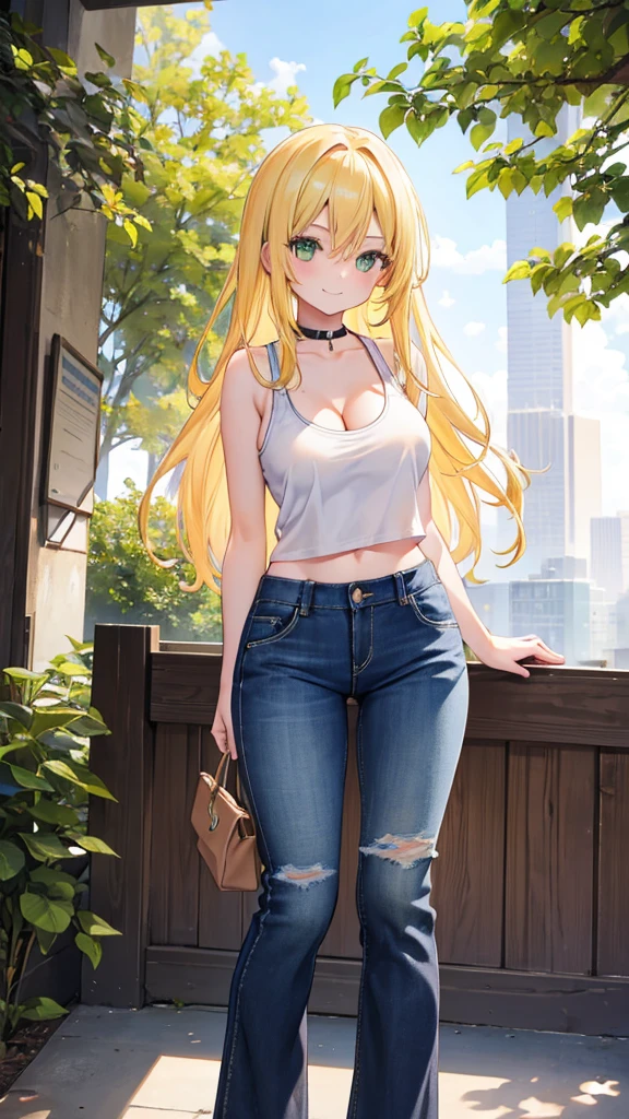 1girl, yellow hair, green eyes, smiling, black tank top, blue jeans, medium , looking at vewers, flippeir, masterpiece, 8k, 16, 32k, shiny skin, UHD frekles on her skin, bootcut, cleavage, 8K, High quality, Ultra high quality, big forehead, standing, daytime, park, outdoors, long hair, white shose, Anime Style,