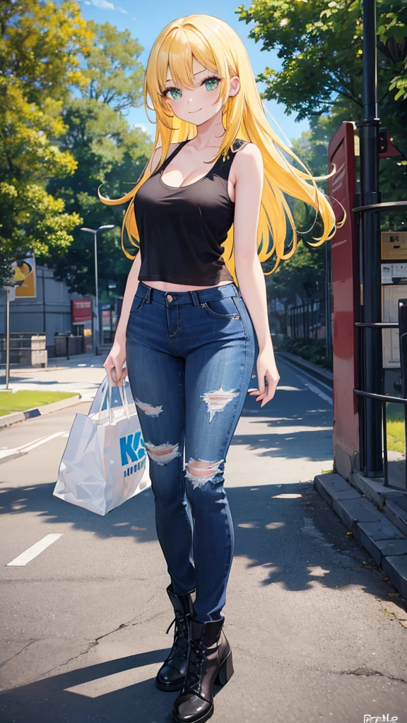1girl, yellow hair, green eyes, smiling, black tank top, blue jeans, medium breast, looking at vewers, flipped hair, masterpiece, 8k, 16, 32k, shiny skin, UHD frekles on her skin, bootcut, cleavage, HDR, 4K, 8K, High quality, Ultra high quality, big forehead, standing, daytime, park, outdoors, long hair, white shose, Anime Style,