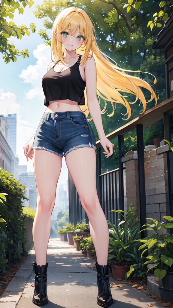 1girl, yellow hair, green eyes, smiling, black tank top, blue jeans, medium breast, looking at vewers, flipped hair, masterpiece, 8k, 16, 32k, shiny skin, UHD frekles on her skin, bootcut, cleavage, HDR, 4K, 8K, High quality, Ultra high quality, big forehead, standing, daytime, park, outdoors, long hair, white shose, Anime Style,