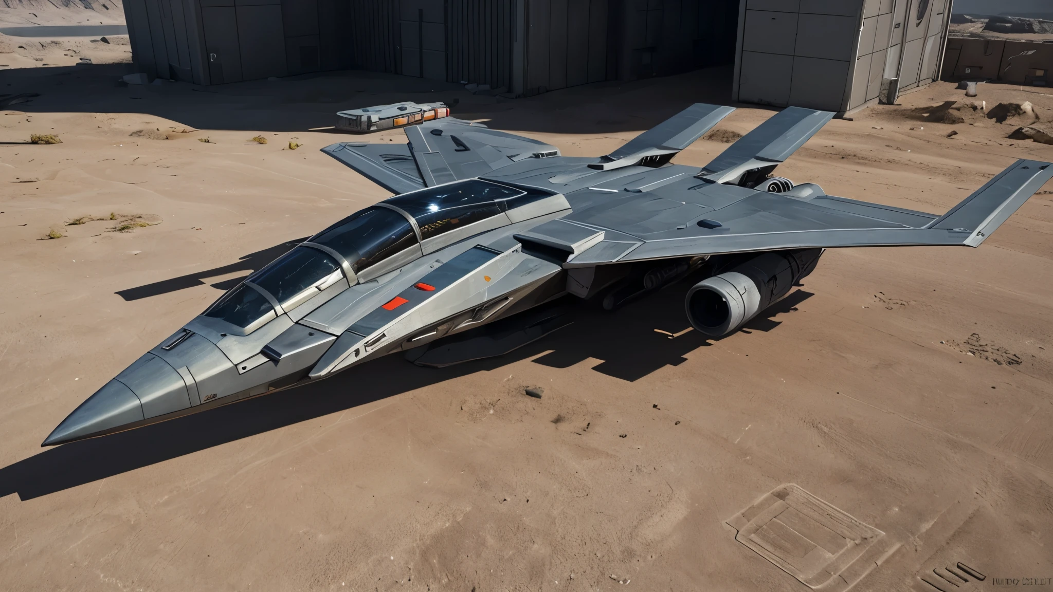 scifi, hightech spacefighter, realistic size, realistic proportions, small gear, high equipted guns, star citizen, starfield, hightech, hard-surface design, daylight, ambient light, realistic view, on the ground, wide angle,