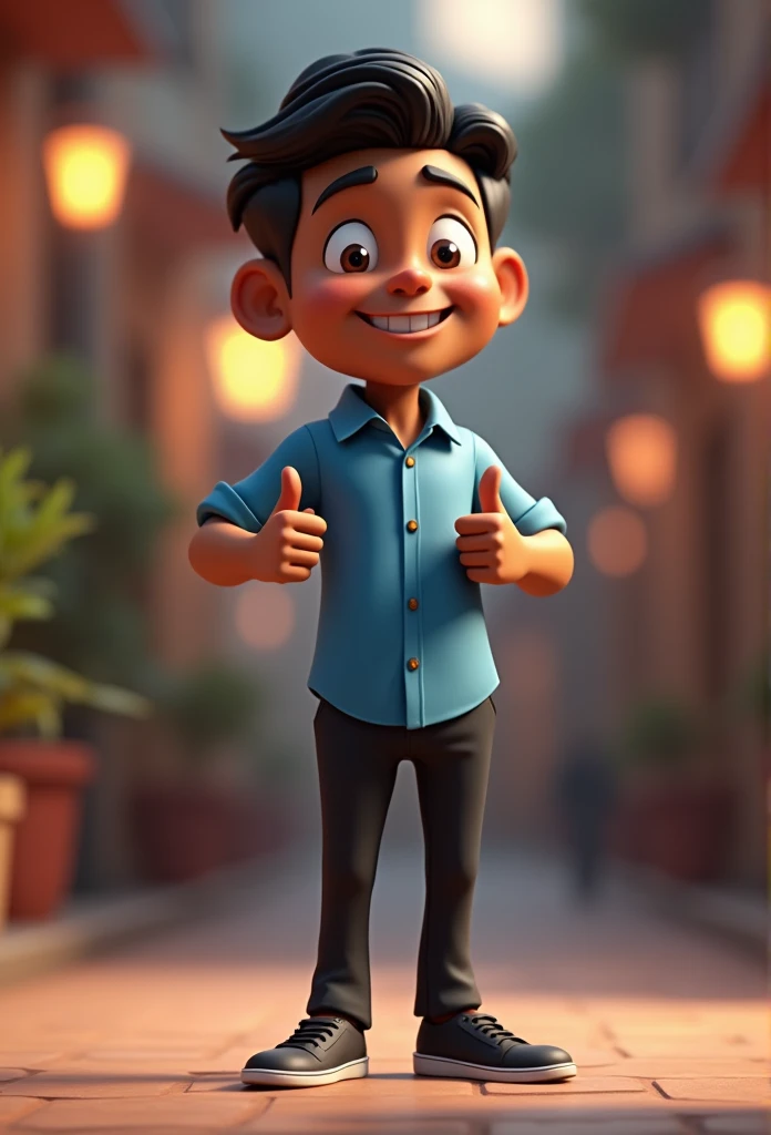 Cartoon character of a man 40 years old full body dark skin black hair cut short, blue shirt hairdo, black pants black shoes, an animated character, stylized character, animation style rendering, 3d stylized, Arnold Maya rendering, Stylized 3D rendering, toon render screenshot, 3d character, 3d character, Stylized 3D rendering, 3D character rendering, cartoon character, character posing, (Pixar-style) (master part:1.2) (bokeh) (best qualityer) (skin detailed) (detailed texture) (8k) (Argilla) (cinematic lighting) (sharp focus,standing full body making a thumbs up sign with both hands