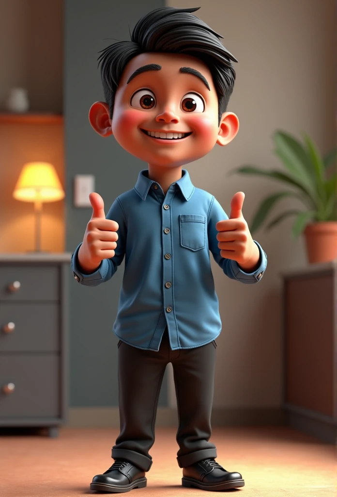 Cartoon character of a man 40 years old full body dark skin black hair cut short, blue shirt hairdo, black pants black shoes, an animated character, stylized character, animation style rendering, 3d stylized, Arnold Maya rendering, Stylized 3D rendering, toon render screenshot, 3d character, 3d character, Stylized 3D rendering, 3D character rendering, cartoon character, character posing, (Pixar-style) (master part:1.2) (bokeh) (best qualityer) (skin detailed) (detailed texture) (8k) (Argilla) (cinematic lighting) (sharp focus，standing full body making a thumbs up sign with both hands