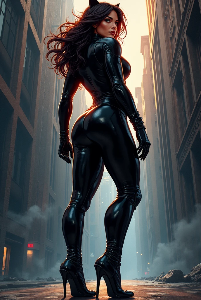 Create a female character in the Marvel comics style, character must be facing away and face in half profile, medium breasts, wearing a black leotard and high heel boots. Catwoman.