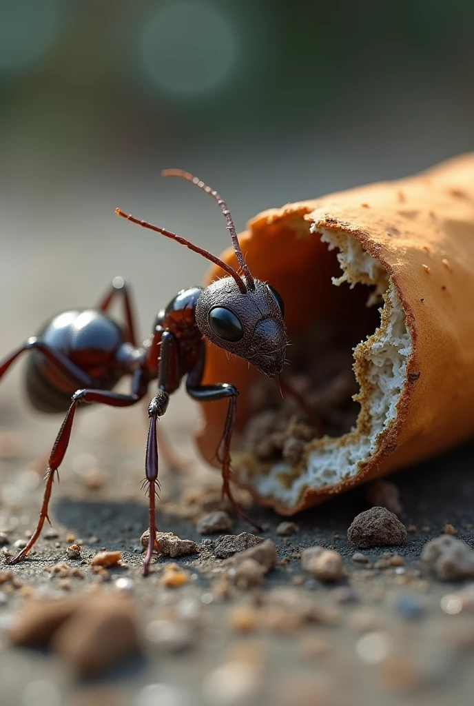 A realistic ant faces a crushed cigarette butt and runs around it.