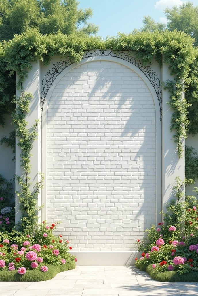 wall of complete large white bricks with several green branches on the sides and colorful flowers