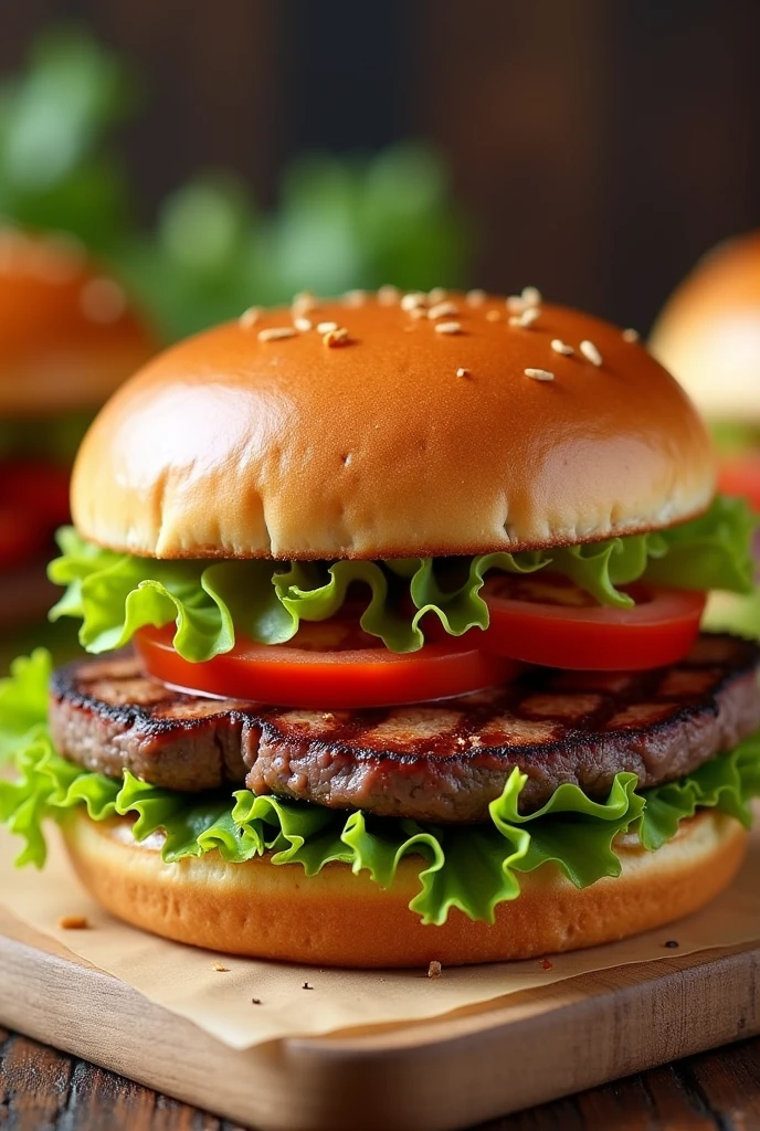 Sandwich with lettuce, tomato and thin sirloin steak, hamburger bun without pickles