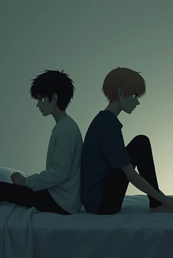 One and one sitting on the bed with their backs to each other without speaking., nervous