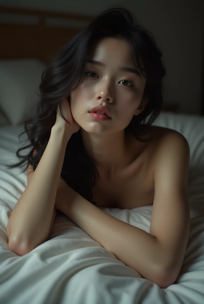 Asian woman full body nude legs open in bed