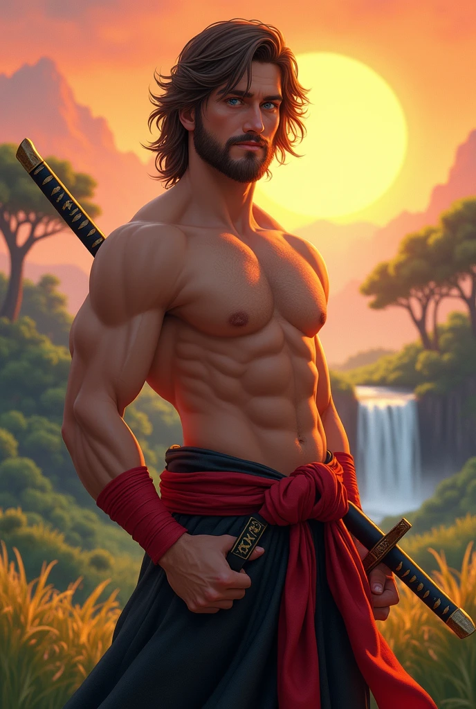 Realistic Digital Art Style -- Strong Man -- Young Adult 2 -- No Shirt -- Aura of Strength, charisma and confidence -- beautiful smile -- pretty face -- light blue eyes -- long wavy brown hair, your hair reaches the nape of your neck -- barba curta -- Calça Samurai preta -- Faixa Vermelha amarrado na cintura -- Bandagens Vermelhas nos punhos -- Pose de herói e superioridade -- Katana na cintura -- Cenário de fundo é uma linda planície com sol, Trees, waterfall and orange sky, extremely detaild, soft ambient lighting, 4K, perfects eyes, a perfect face, perfect lighting, the 1 girl)), context: The man is confident and smiling happily, light blue eye, he is a 28 year old young adult, your hair reaches the nape of your neck, strong and determined, is alone in this environment. detaileds: The sun is shining brightly, waves are gently lapping in the background, and birds are flying in the clear blue sky. ))