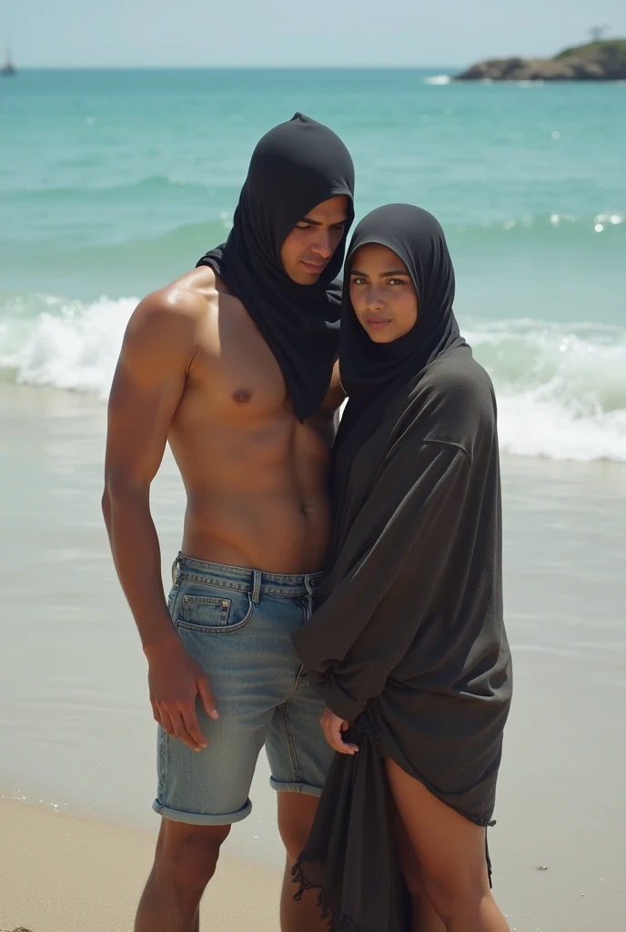 The girl is wearing a burqa and the boy is without clothes and is fucking the girl forced in beach