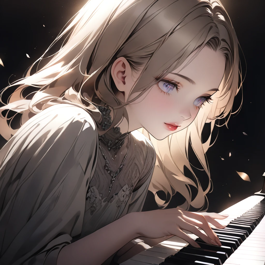 a young girl playing piano, detailed face, detailed eyes and lips, medium portrait, photorealistic, 8k, high quality, elegant, beautiful, graceful, musical, dramatic lighting, soft color palette, warm tones