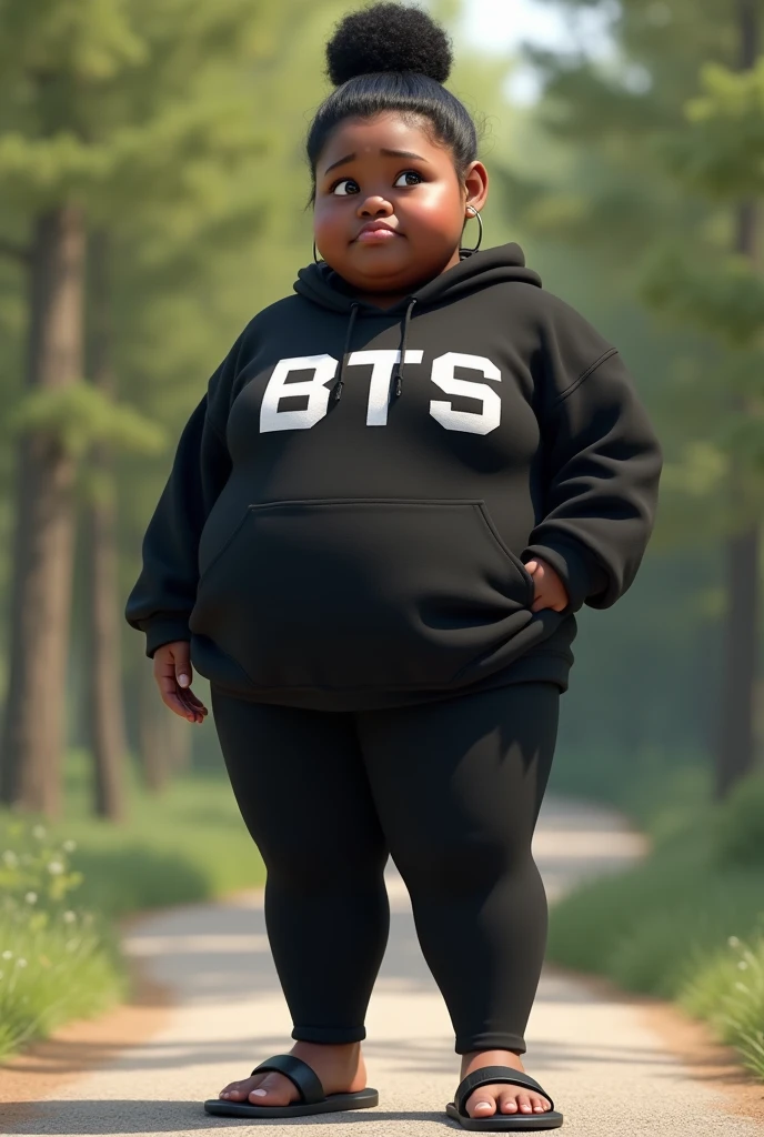 The person in the picture has dark skin, rounded face and has an expression of slight discomfort or confusion. His eyes are slightly half-closed and his lips are slightly pursed., like you&#39;re questioning something. Hair is tied in a high bun, giving a practical and casual look. She is wearing a black sweatshirt with the brand "BTS" in the spotlight, suggesting that he is a fan of the K-pop group. The tight black pants and sandals complete a comfortable and relaxed look.. Her posture is straight and relaxed.. With exaggerated curves, a woman is plump 