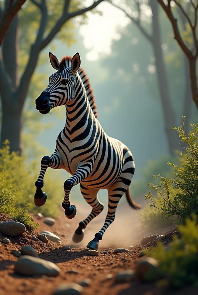 I want the image of a zebra tripping and falling to the ground, with a wild background, I want it to be real