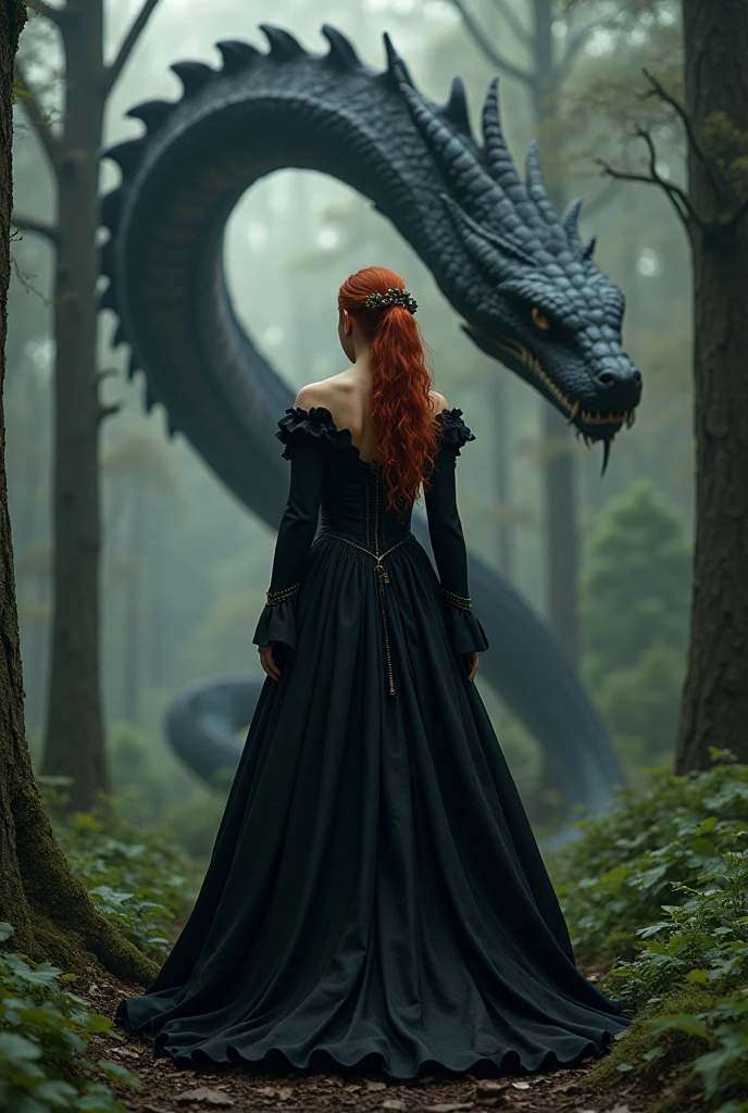 A red-haired woman from the back wearing an all-black medieval dress, with a giant black snake looking at her. at a forest 