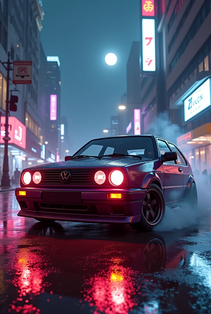 can u make a volkswagen lupo in cyberpunk city with view at the moon flames on the street with wet street and wheels smoking