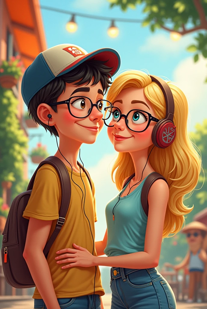 create a drawing of a boy named tony esterco and his beloved fernanda.
There are some specifications that you must follow: Tony Esterco must wear prescription glasses and wired in-ear headphones, the cap backwards is correct.
Fernanda is a blonde girl with bangs, She also wears glasses and has light blue-green eyes.