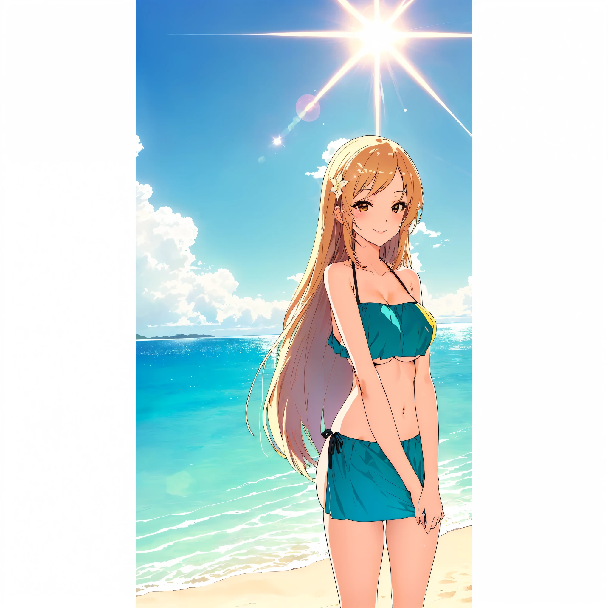 anime in a bikini standing on the beach with the sun shining, whole body:: sunny weather::, at beach, at beach, standing at beach, is wearing a swimsuit, goddess of summer, offcial art, em uma praia, radiant morning light, On a sunny day, standing near the beach, (anime girl girl), summer morning, colocar a garota usando black bikini, beatiful , black leagwear, sexy hes, sexy girlack bikini, black swimwear, Flying hair, sensual smile, charming smile, big boobies, sensavage, sultry eyelack leagwear