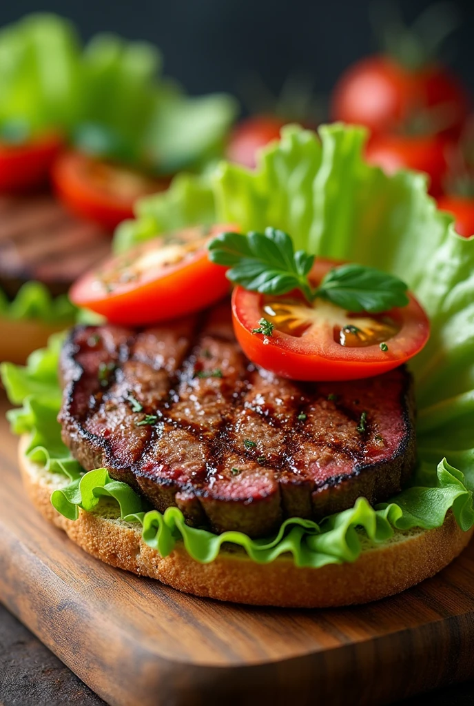 Snack with lettuce, tomato and grilled thin sirloin steak without pickles 