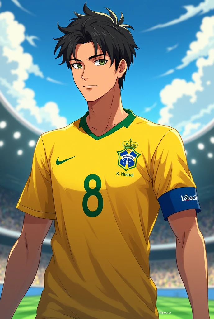 A anime male character with Brazil jersey number 8 and name K. Nishal