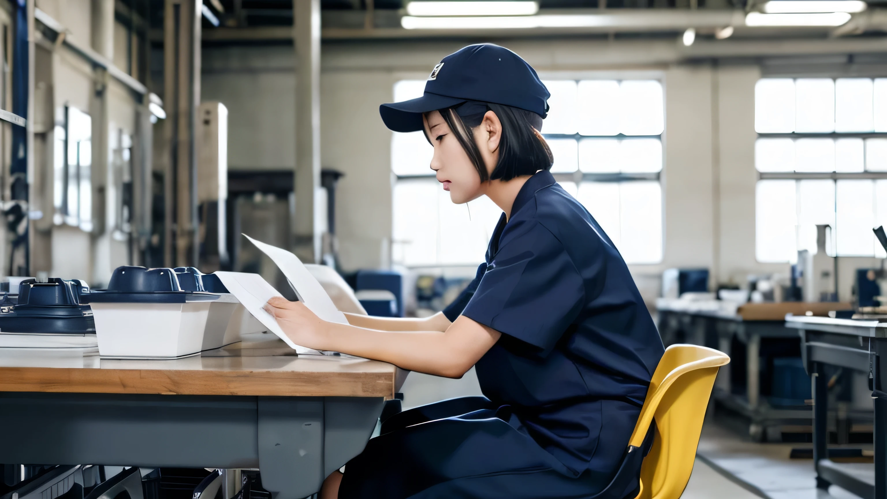 Best Resolution, High Definition, 16K Quality, Dark Hair, Japanese, One Woman, Working in Factory, Navy Blue Work Wear, Navy Blue Cap, Woman Working at a Distance, Working Sideways, Clean Factory, Short Haircut Hair, Sitting in Chair, Profile, Working