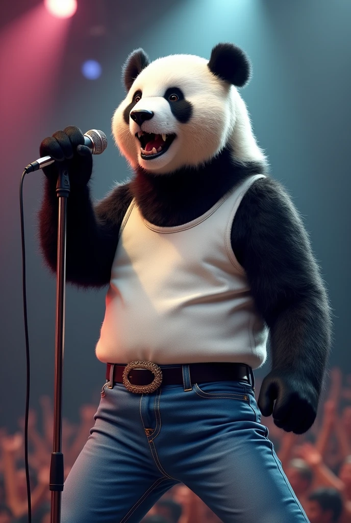 Help me with a semi-realistic image of singer Freddy Mercury but as a panda. His face as if he were singing. Characteristic clothing from one of his concerts, He was wearing a simple white Vividi and blue jeans, The clothes are 1980s style. His belt was black and thin. And always with a microphone in hand. He has a mustache. 