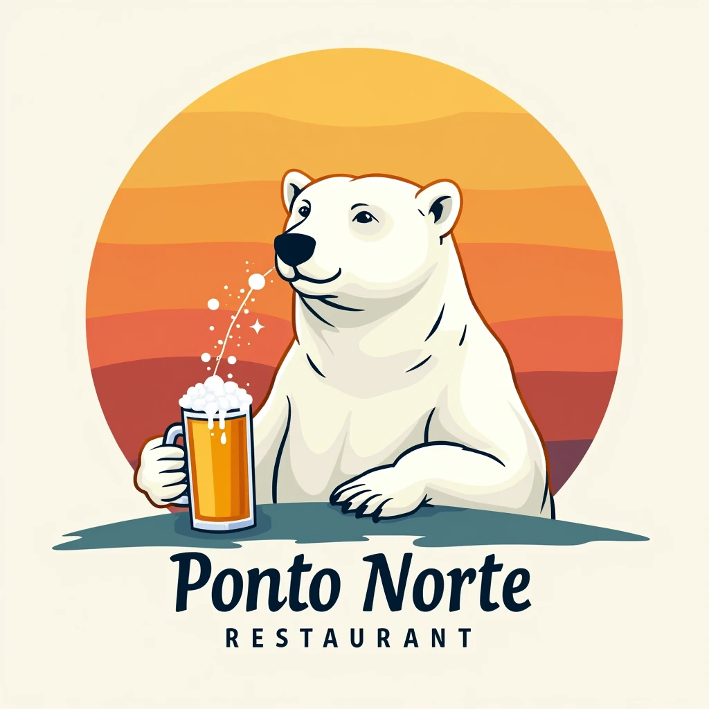 Create a 1x1 square logo for a restaurant called “Ponto Norte” The logo should have the name of the restaurant and a realistic white polar bear with a beer in his hand and a sunset in the background.