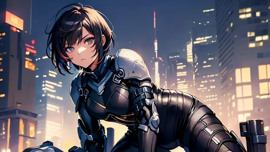 best qualityer,tmasterpiece,Ultimate resolution,downy,Extremely colorful,Colorful,Women combatants,(Kneeling pose)a matural female,Black super short hair,Tight combat suit,tightsuit,Steel City background,the night,Normal posture,Normal posture
