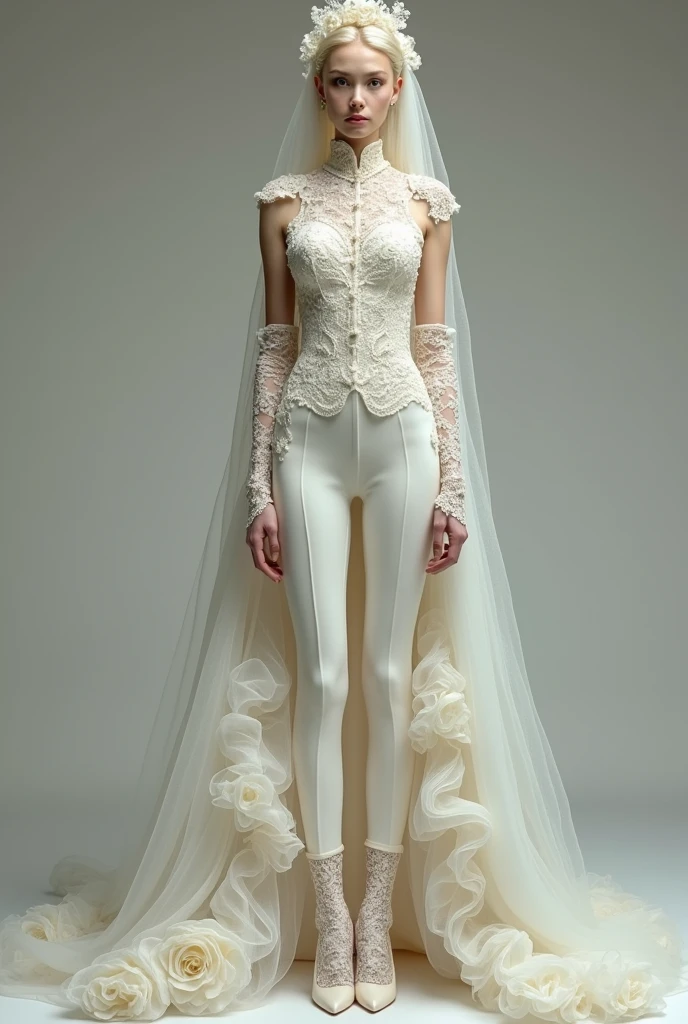 thin androgynous man, with blonde hair, Victorian wedding dress. She wears a unique outfit that fuses a dress with tight pants.. The trousers are complemented by an impressive dress train that starts from the waist., with lots of tulle and fluffy, creating a majestic effect. while the top features a full lace turtleneck to the waist, sleeveless, decorated with delicate ruffles and glassware details that add a touch of luxury. The outfit is completed with a bridal veil of more than five meters., mid-arm lace gloves.