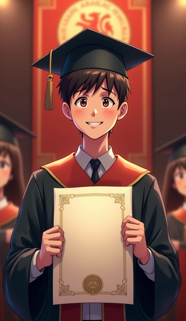 A young man with dark hair graduating and receiving his certificate.